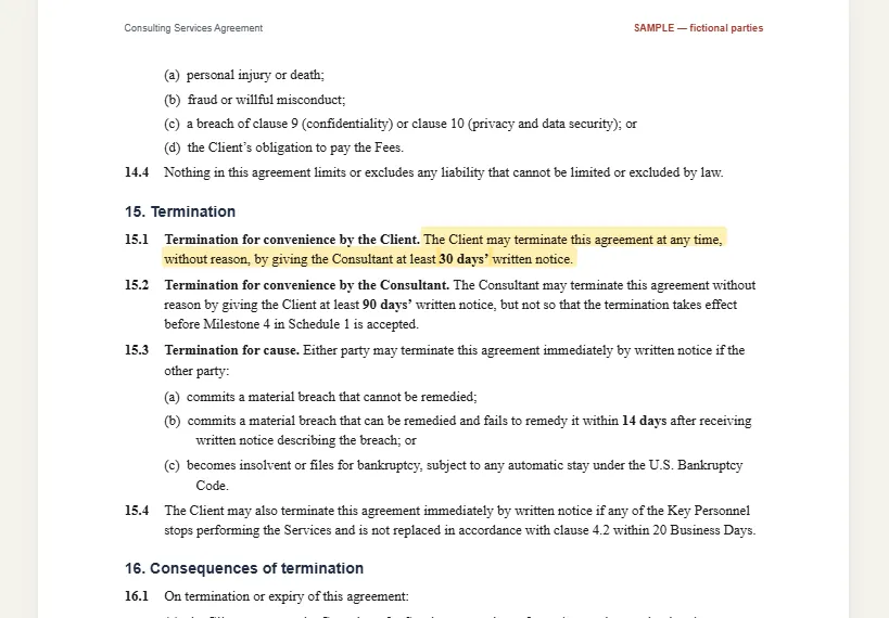 Page 6 of the sample contract, with the cited passage highlighted.