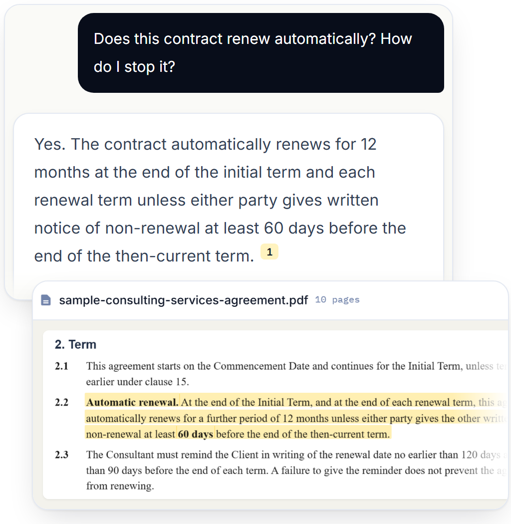 FileAI answering “Does this contract renew automatically?” with a numbered source, next to the contract page where the sentence it came from is highlighted.