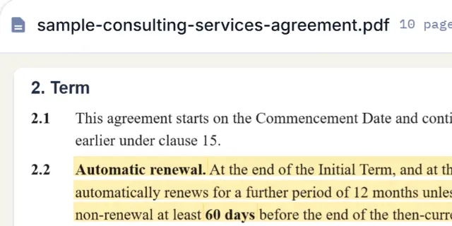 A contract page with the sentence a FileAI answer came from highlighted in yellow: clause 2.2, automatic renewal.